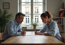 Tendances : moments où l’on divorce le plus en France Un couple signe un contrat dans un appartement moderne à Paris