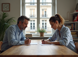 Tendances : moments où l’on divorce le plus en France Un couple signe un contrat dans un appartement moderne à Paris