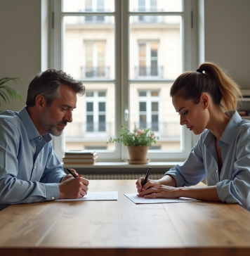 Tendances : moments où l’on divorce le plus en France Un couple signe un contrat dans un appartement moderne à Paris