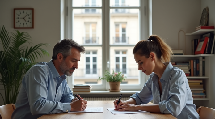 Tendances : moments où l’on divorce le plus en France Un couple signe un contrat dans un appartement moderne à Paris