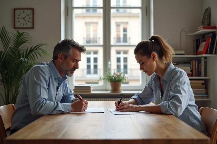 Un couple signe un contrat dans un appartement moderne à Paris
