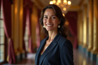 Soprano lyrique élégante en blazer marine dans le foyer d'un opéra classique doré, portrait 3/4 naturel et raffiné