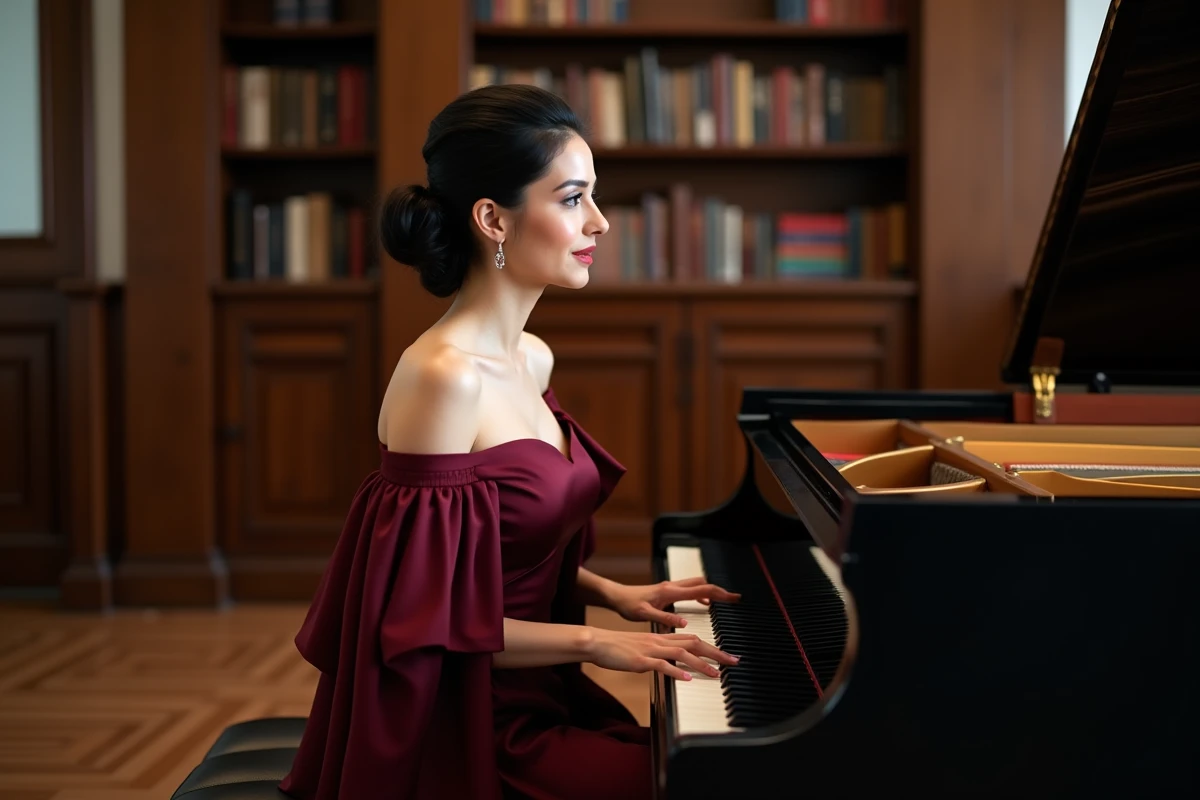 Soprano en robe de soirée bordeaux assise au piano à queue dans un salon musical raffiné avec bibliothèque et parquet
