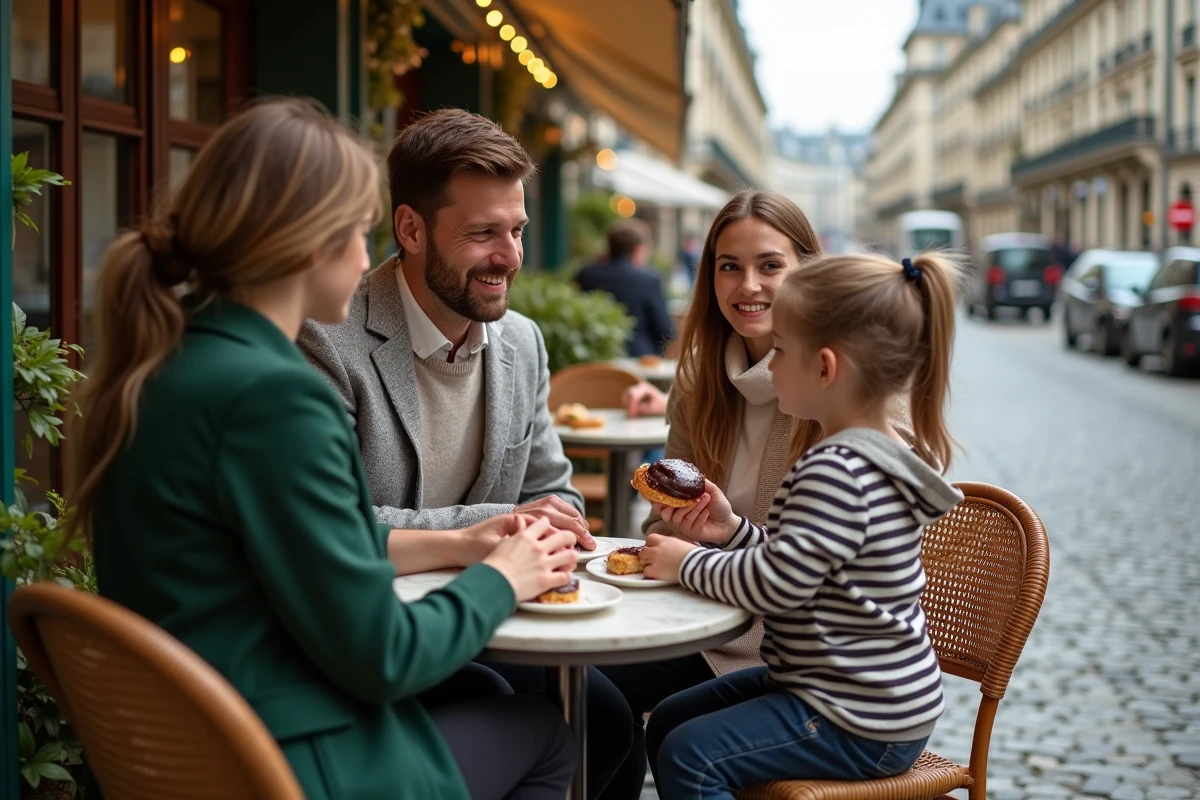 Famille recomposée avec jeune enfant en terrasse de café parisien lors d'une sortie en famille