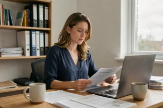 Travailleuse indépendante consultant des documents CAF à son bureau à domicile