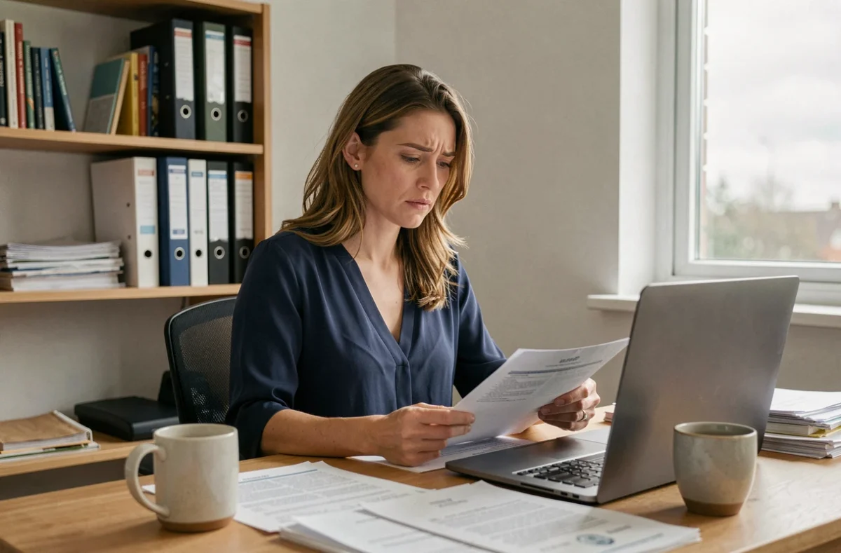 Travailleuse indépendante consultant des documents CAF à son bureau à domicile