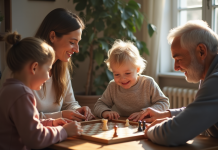 Trois générations jouant à un jeu de société en famille