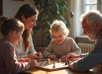 Trois générations jouant à un jeu de société en famille