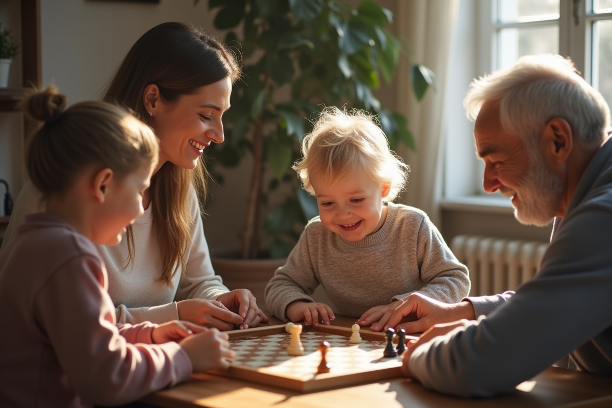 Trois générations jouant à un jeu de société en famille