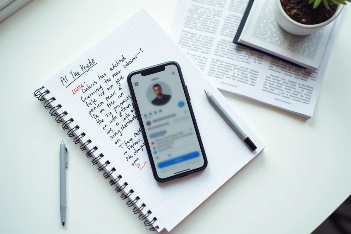 Flat-lay éditorial avec smartphone, carnet de notes et articles imprimés illustrant la vérification des faits et le respect de la vie privée en ligne