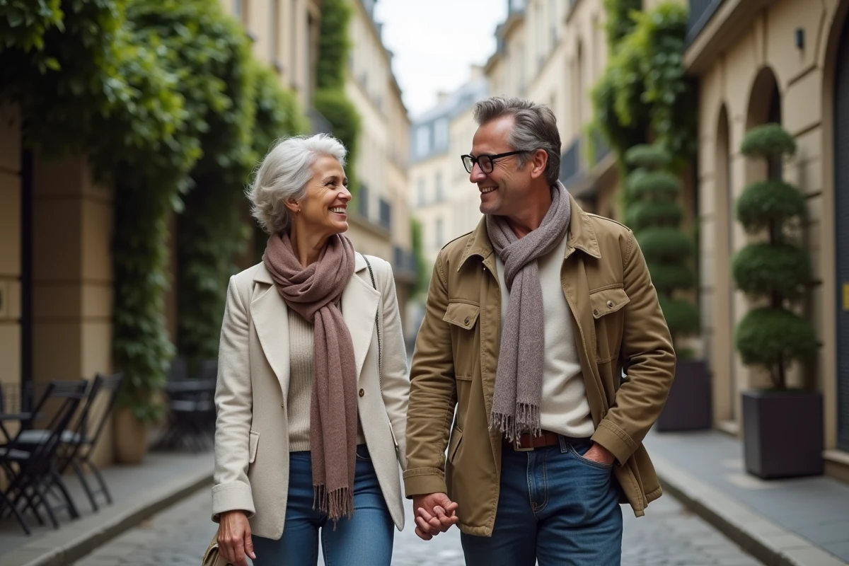 Couple élégant se promenant main dans la main sur une rue pavée parisienne devant un café et des façades en pierre