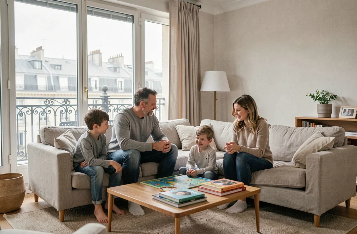 Scène de vie familiale authentique dans un appartement parisien moderne, un homme et une femme entourés de leurs enfants dans un moment de détente du week-end