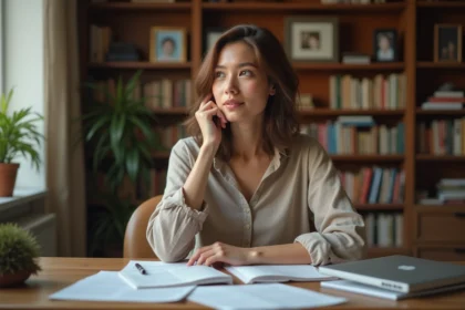 Femme consultant des documents dans un bureau privé, illustrant la protection de la vie privée et la vérification des informations