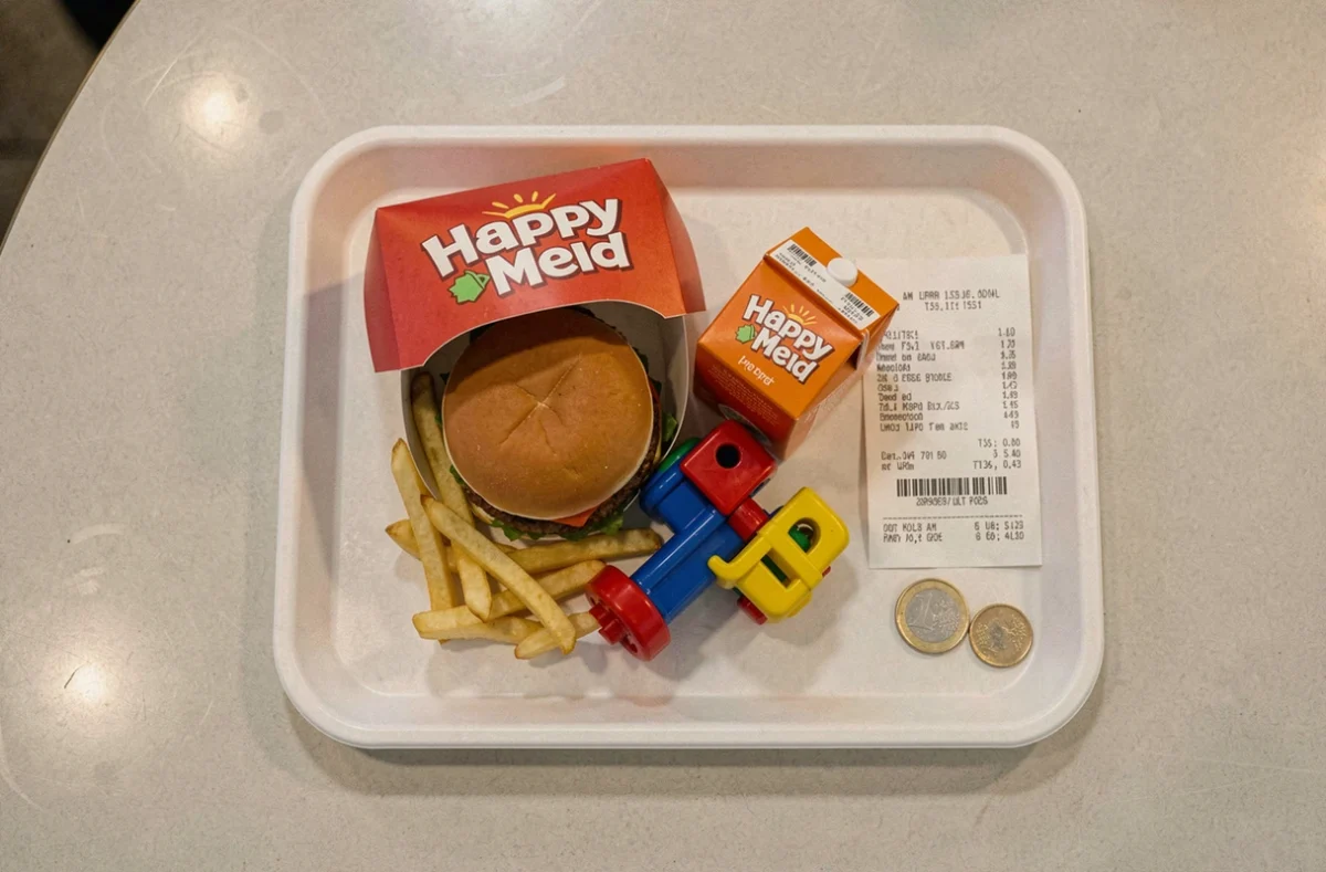 Vue aérienne d'un Happy Meal ouvert avec ticket de caisse et pièces en euros sur un plateau de fast food