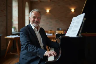 Portrait d'Yvan Cassar assis au piano dans un studio de musique élégant, regard chaleureux vers l'objectif
