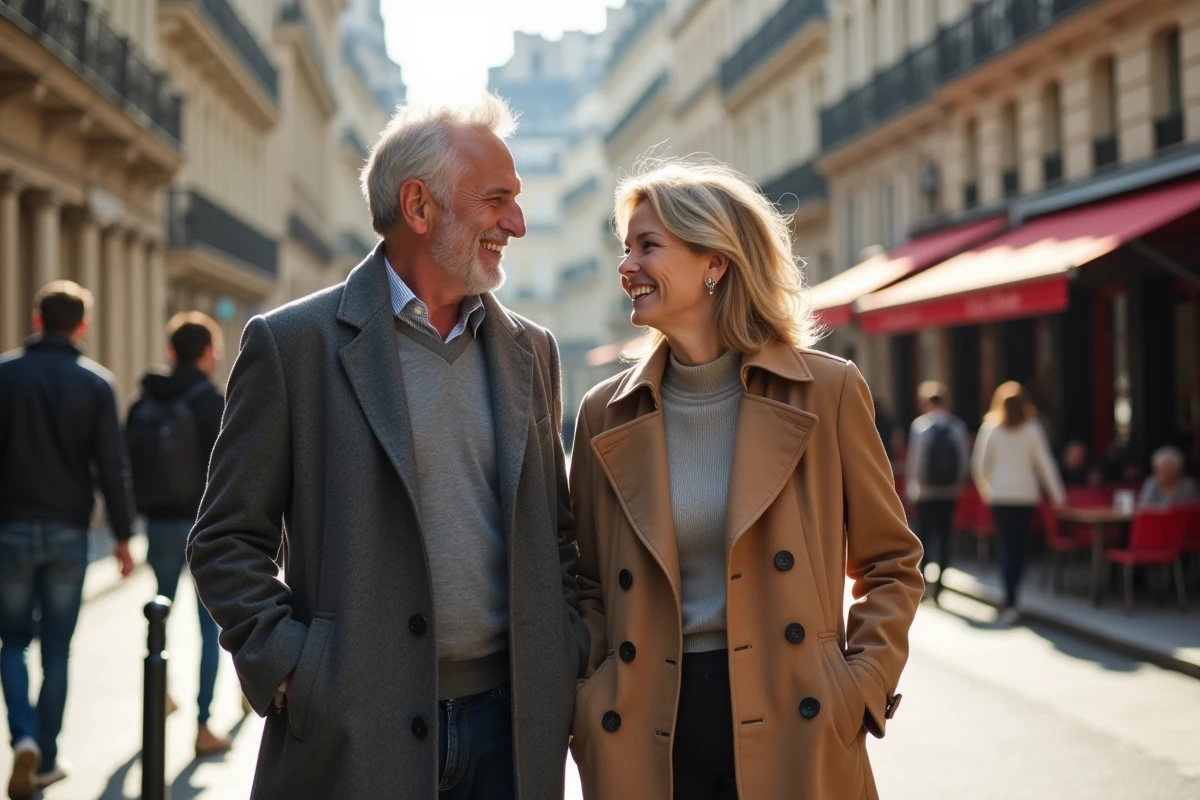 Yvan Cassar et un proche en conversation animée dans une rue parisienne haussmannienne, style portrait éditorial