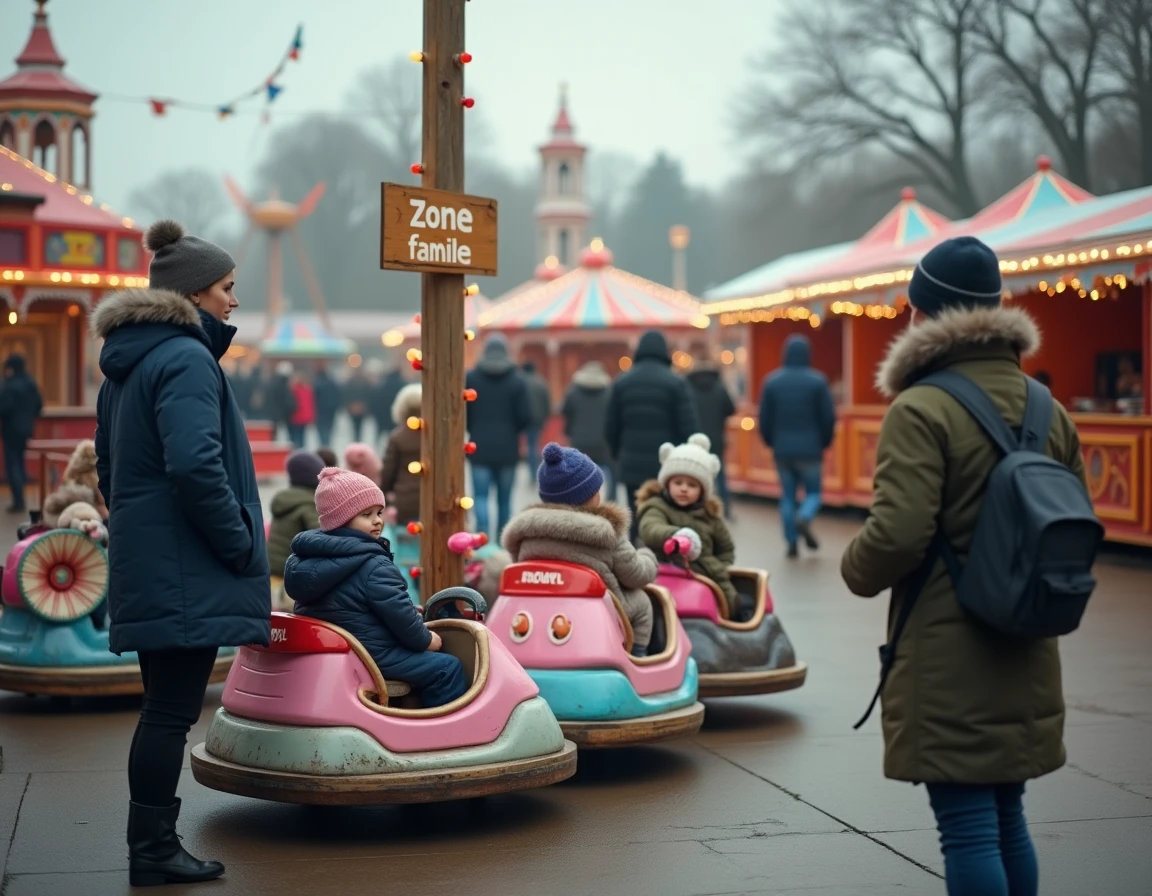 Zone famille de la Foire aux Manèges de Lille avec petits manèges colorés et parents surveillant leurs enfants en tenues d'hiver